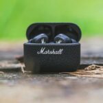 black wireless earbuds